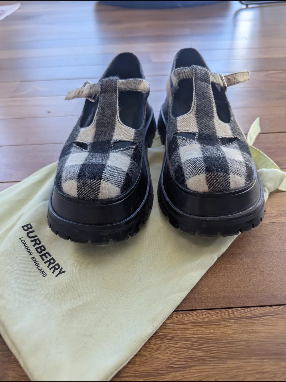 Authentic - Burberry Black & White Check Mary Jane Lug Sole Loafers - Picture 5 of 5